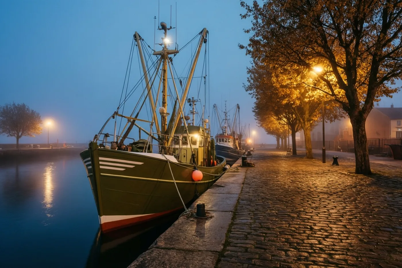 Een groene vissersboot ligt aangemeerd aan een mistige havenkaai met goudbladige bomen en warme straatverlichting, onder een koele blauwe schemerhemel met weerspiegelingen op het water.