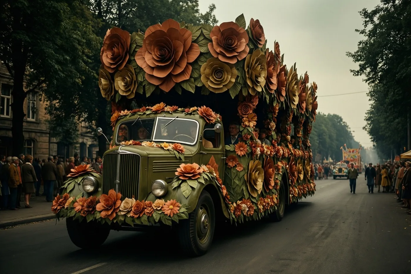 Een oude groene vrachtwagen met grote papieren bloemen in aardetinten rijdt door een straat met bomen en toeschouwers onder een bewolkte hemel, in vervaagde kleuren.