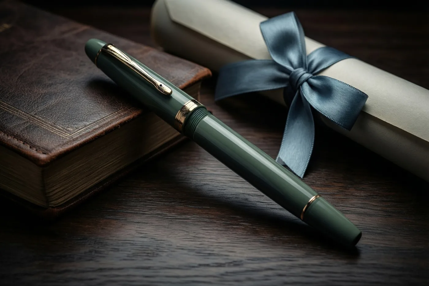 Een groene vulpen met gouden afwerking ligt schuin op donker hout naast een bruin leren boek en een opgerold diploma met een blauw zijden lint.