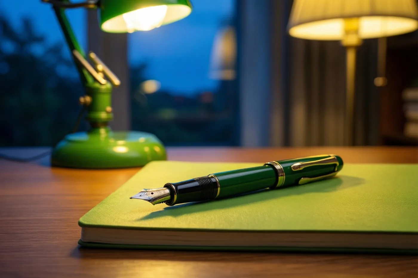 Een groene vulpen ligt op een groen notitieboek onder een groene bureaulamp, met een donkerblauwe nachtlucht achter het raam.
