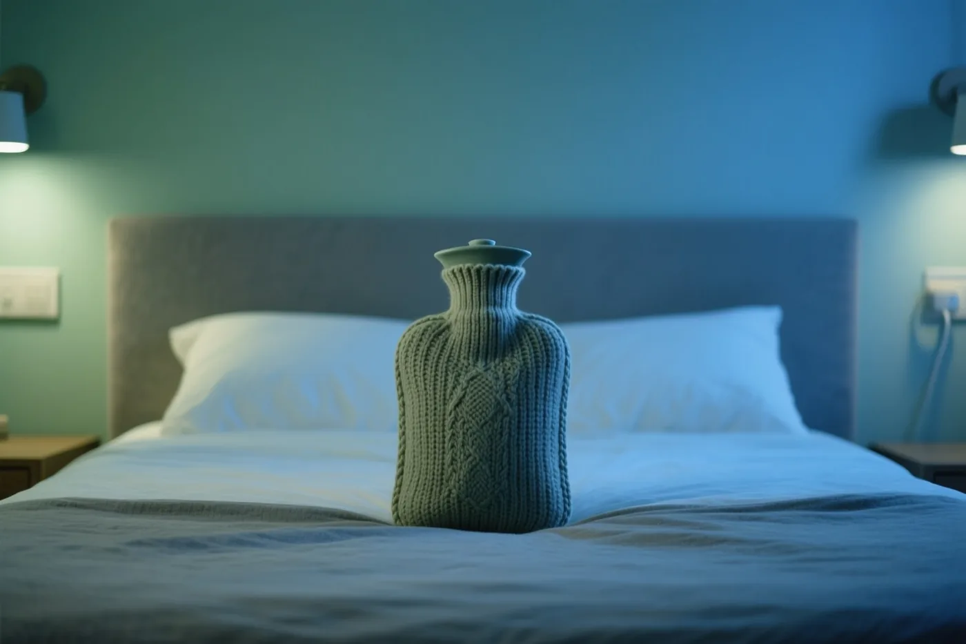 Een warmwaterkruik met een groene gebreide hoes staat op een opgemaakt wit bed met een grijs hoofdbord, in zacht blauw en groen licht van nachtlampen.
