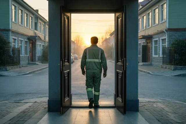 Een persoon in groene werkkledij stapt door een open deur naar een rustige woonstraat bij zonsopgang, met goud licht buiten en koele blauwe tinten binnen.