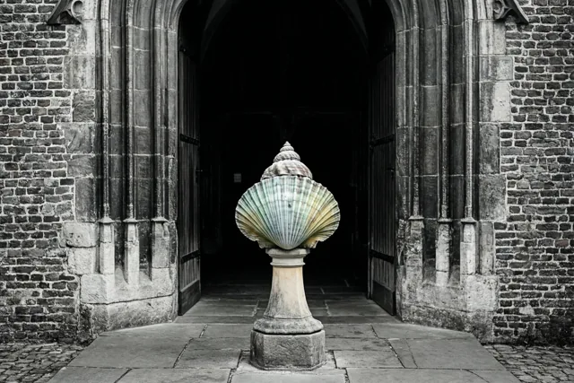 Een schelpvormig wijwatervat met een groenachtige patina staat op een stenen sokkel in een donkere deuropening met boog van een oude Vlaamse kerk, met de omgeving in zwart-wit.