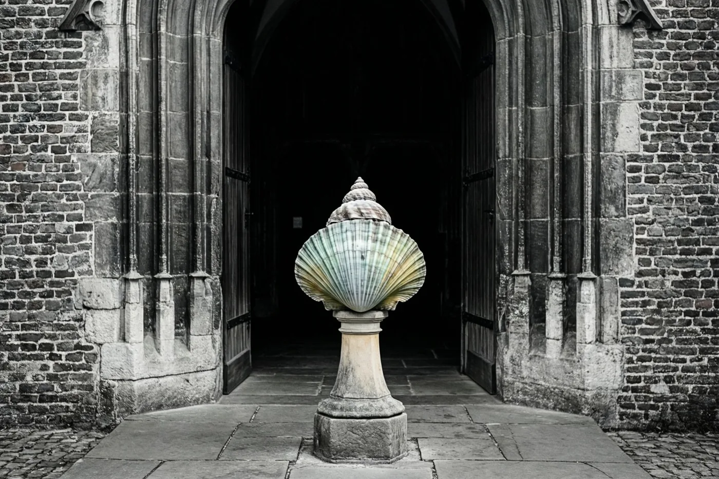 Een schelpvormig wijwatervat met een groenachtige patina staat op een stenen sokkel in een donkere deuropening met boog van een oude Vlaamse kerk, met de omgeving in zwart-wit.