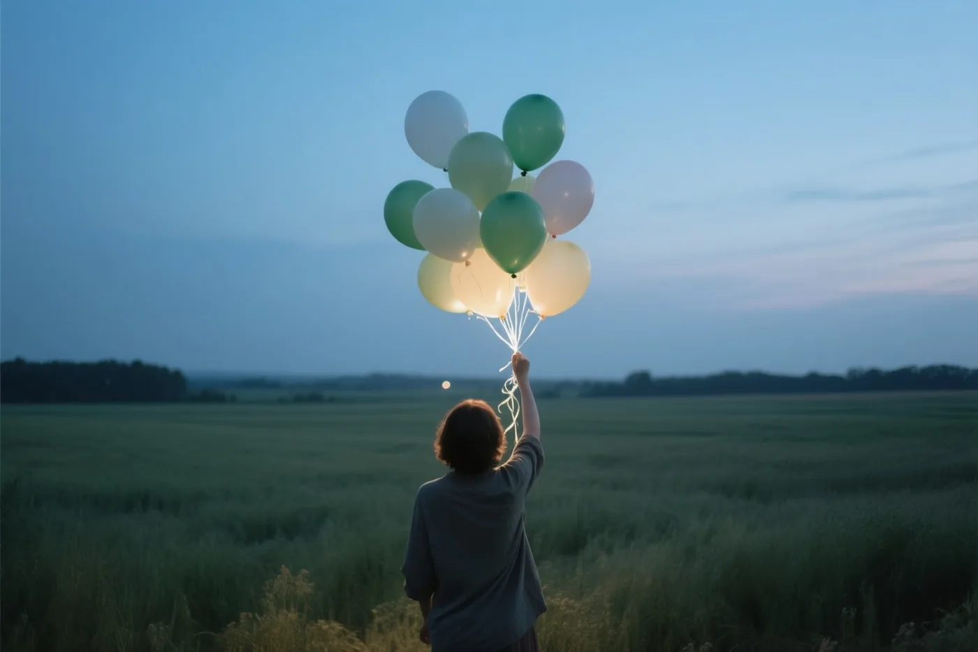 Een persoon staat met de rug naar de kijker in een grasveld en houdt groene en witte ballonnen omhoog, met een blauwe schemerhemel en een verre bomenrij op de achtergrond.