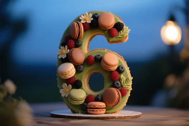 Buiten staat in de schemering een grote taart in de vorm van het cijfer 6, met groen glazuur, macarons, bessen en eetbare bloemen.