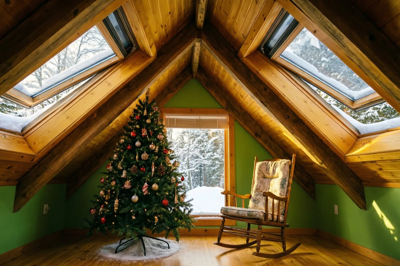 In een warm verlichte zolderkamer met groene muren, een houten vloer en schuine balken staan een versierde kerstboom en een schommelstoel onder besneeuwde dakramen.