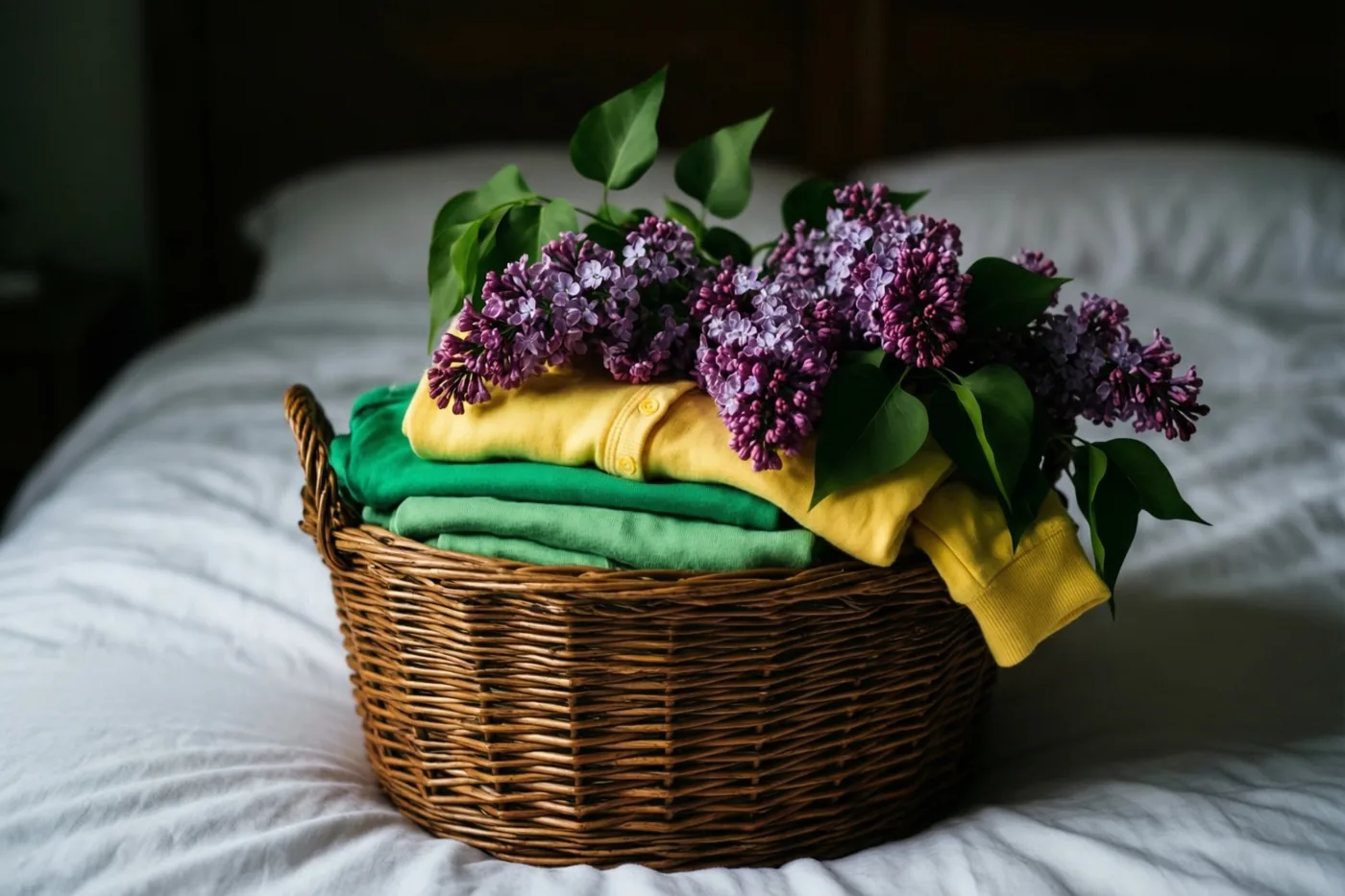Een rieten mand met opgevouwen babykleertjes in onder meer groen en geel staat op een wit bed, met verse paarse seringentakken erbovenop.