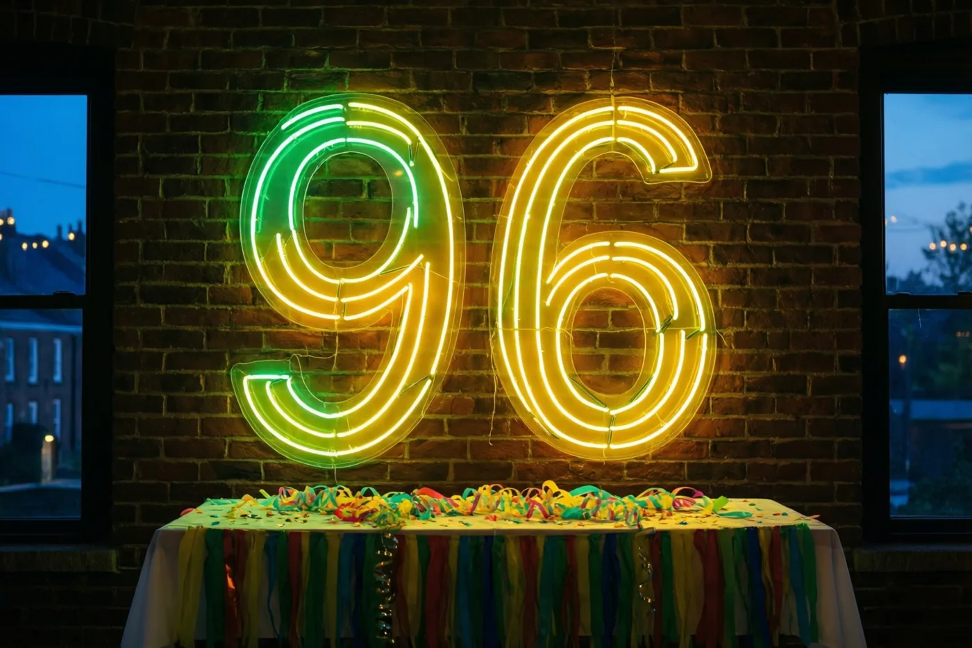 Een groot groen-geel neongetal 96 hangt aan een bakstenen muur boven een feesttafel met kleurrijke slingers en confetti, in een schemerige kamer met avondlicht achter de ramen.