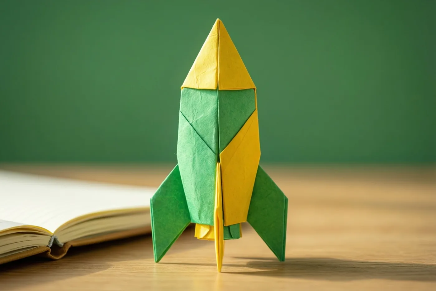 Een groen-gele origamiraket staat rechtop op een houten bureau naast een open notitieboek tegen een effen groene achtergrond.