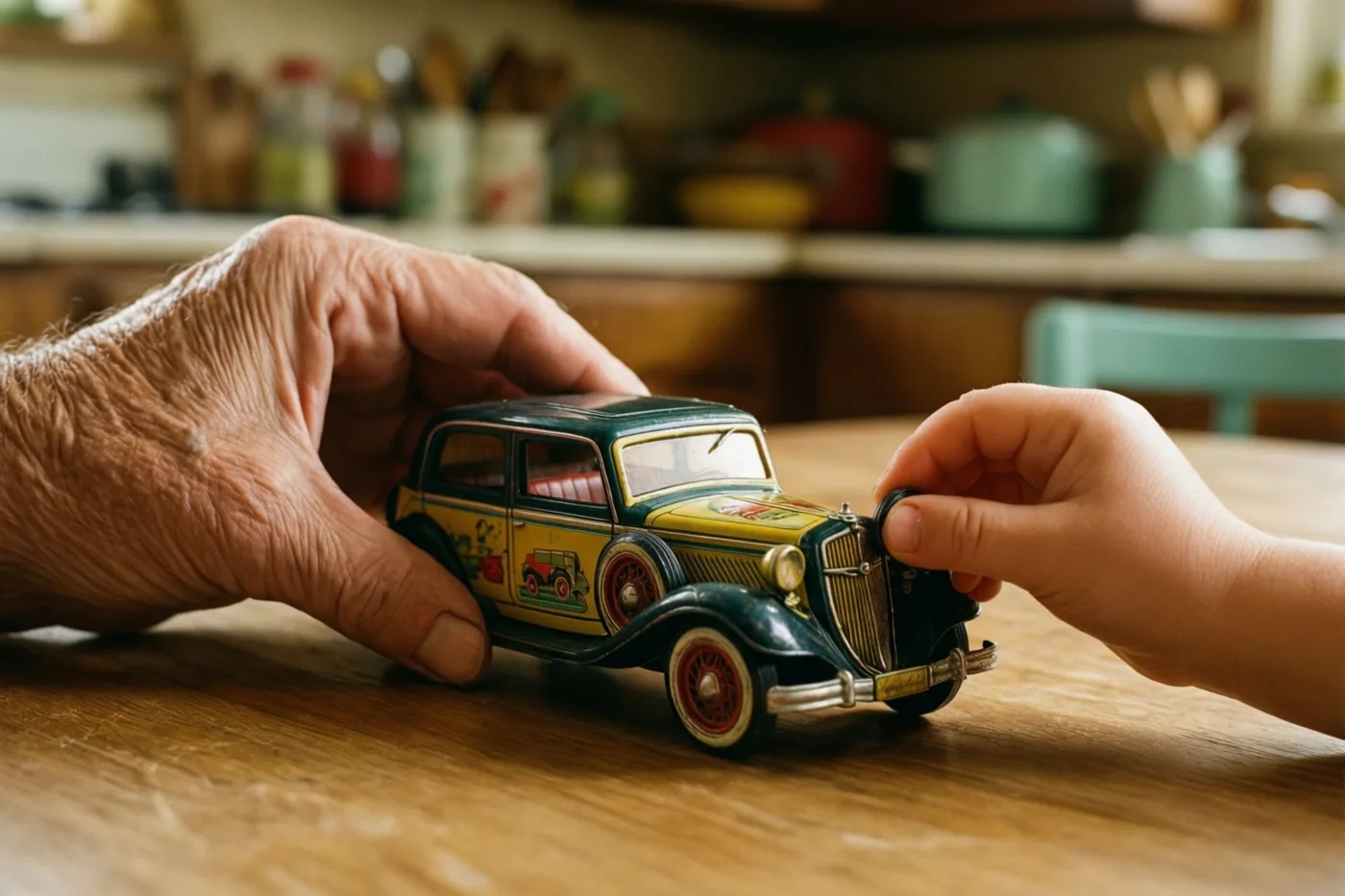 Een oudere hand en een kinderhand winden een groen-gele blikken speelgoedauto op aan een houten keukentafel, in een warm verlichte jarenzestigkeuken met houten kasten en kleurrijk keukengerei.