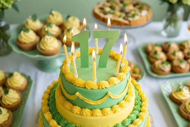 Een groen-gele taart met meerdere verdiepingen, brandende kaarsen en een papieren 17 staat op een wit tafelkleed tussen pastelgroene schalen met cupcakes en andere desserts.
