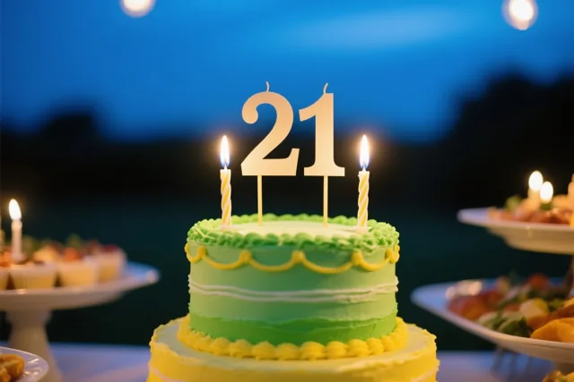 Een taart met meerdere verdiepingen, groen en geel glazuur, brandende kaarsen en een papieren versiering met 21 staat op een buffet tegen een diepblauwe avondlucht.