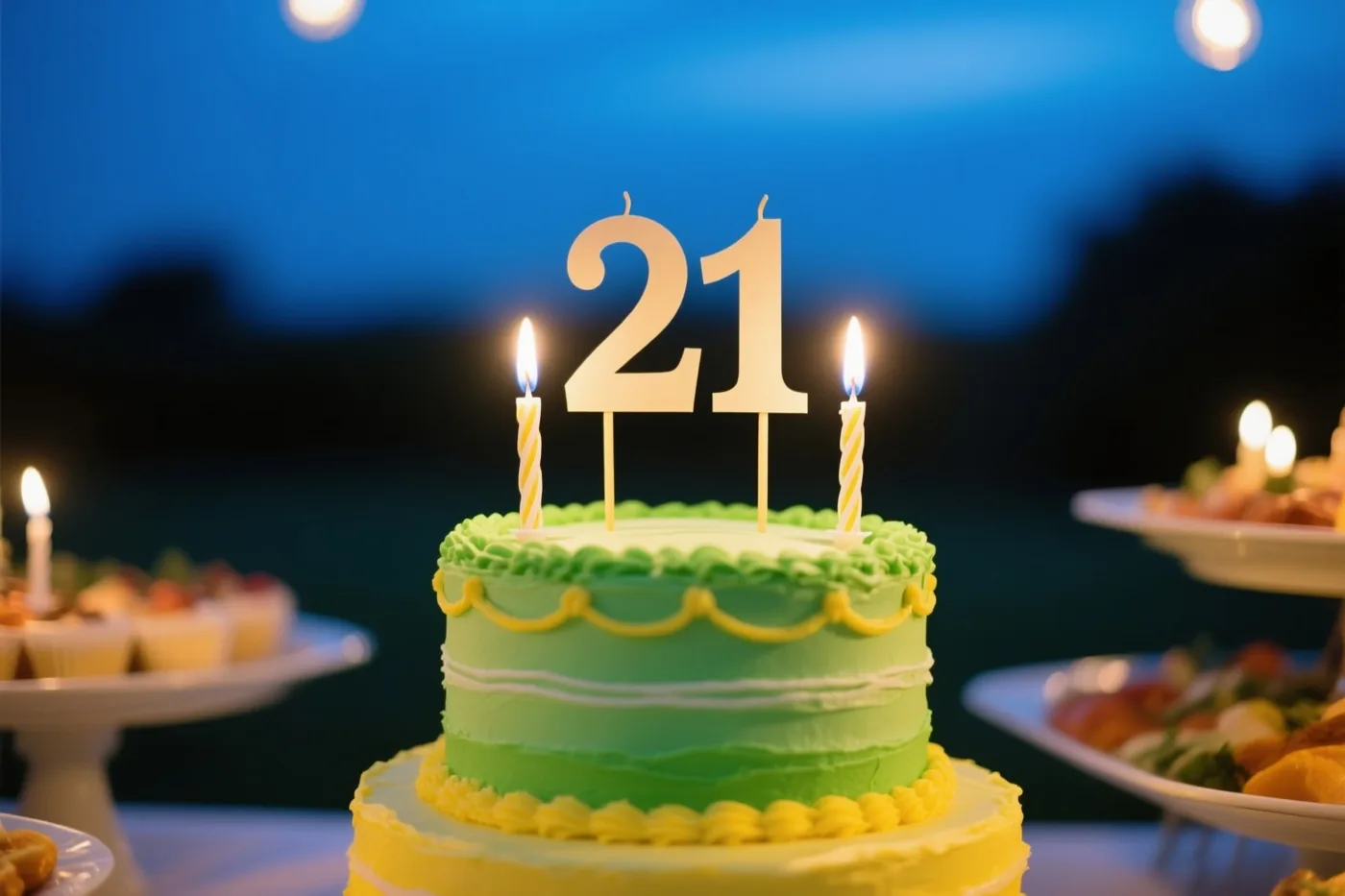 Een taart met meerdere verdiepingen, groen en geel glazuur, brandende kaarsen en een papieren versiering met 21 staat op een buffet tegen een diepblauwe avondlucht.