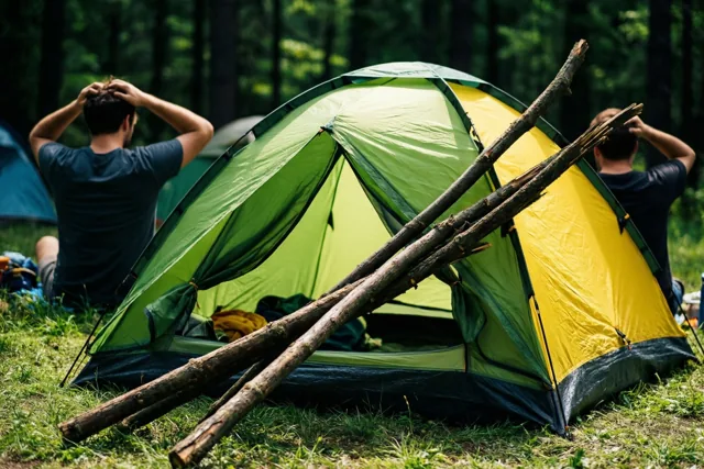 Een groen-gele tent ligt ingestort op een zonnige open plek in het bos, terwijl twee mensen met hun rug naar de camera aan hun hoofd krabben.