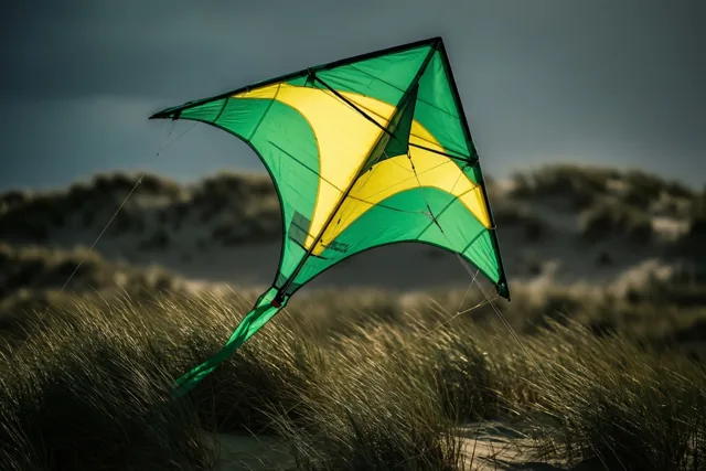 Een groene en gele vlieger vliegt boven zandduinen met hoog gras op de voorgrond onder een bewolkte lucht.