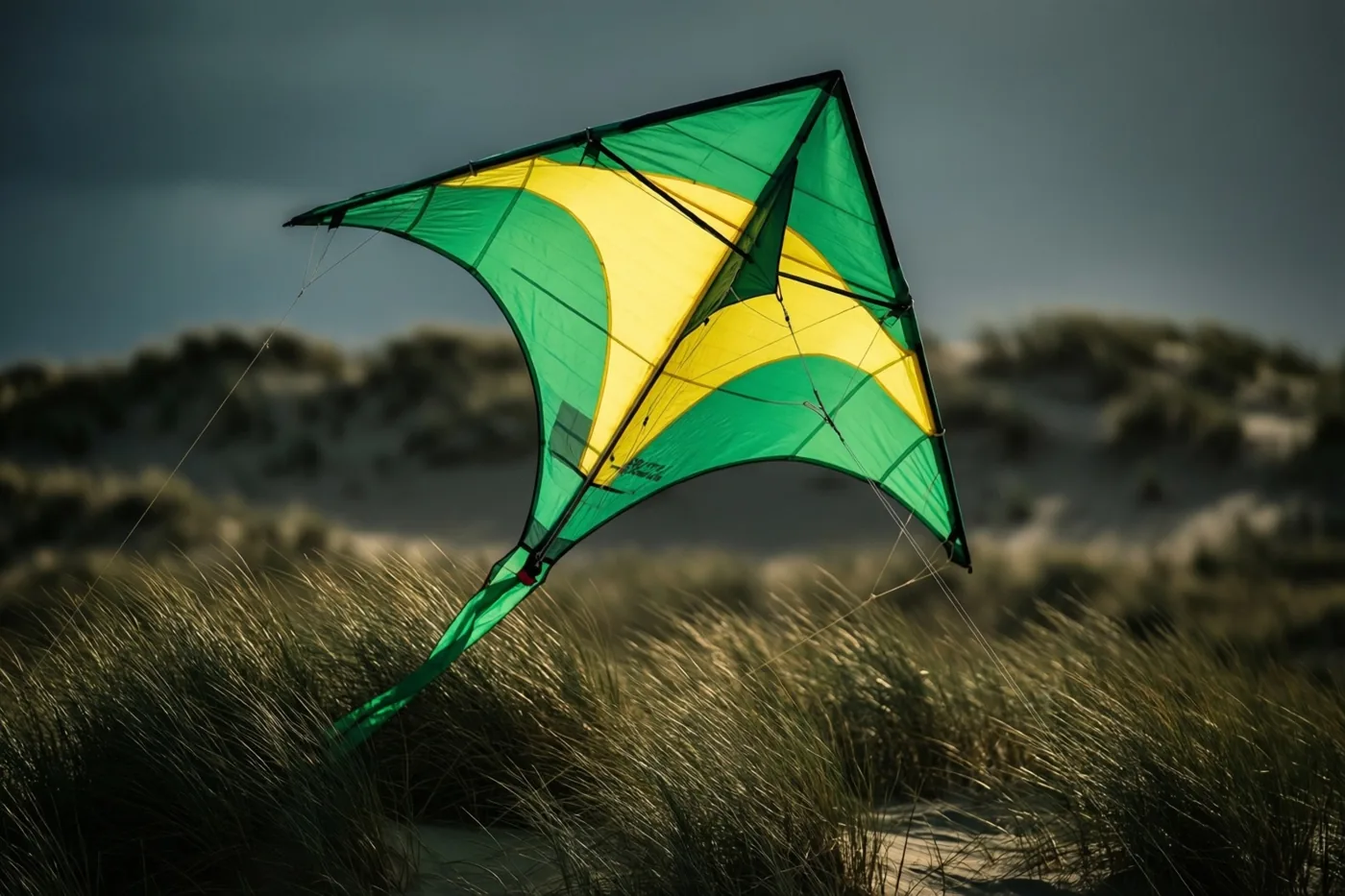 Een groene en gele vlieger vliegt boven zandduinen met hoog gras op de voorgrond onder een bewolkte lucht.