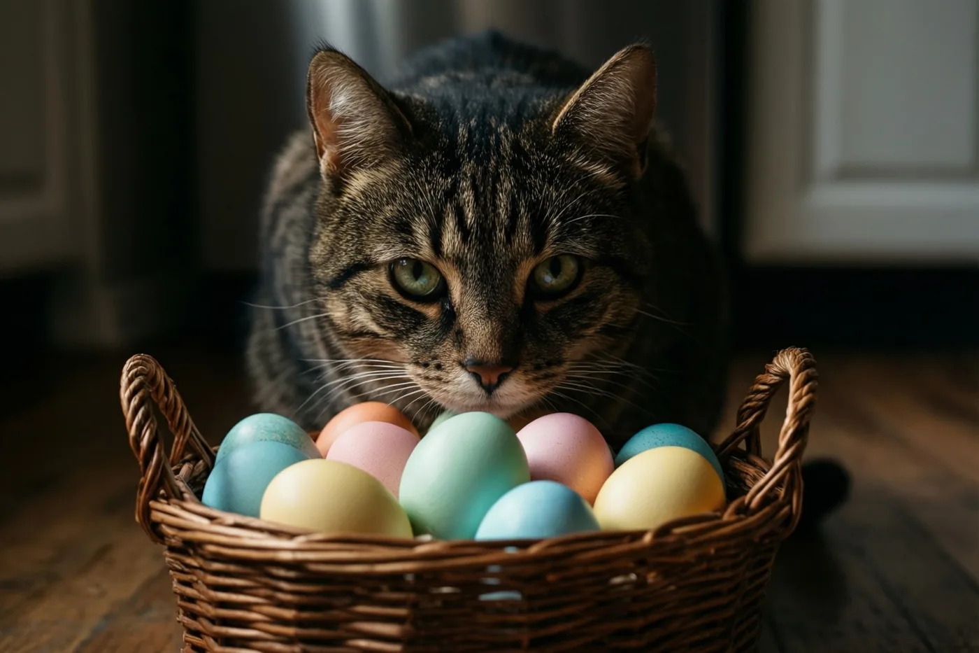 Een gestreepte kat met groene ogen kijkt aandachtig over een rieten mand vol paaseieren in pastelkleuren op een houten keukenvloer, in warm licht met zachte schaduwen.