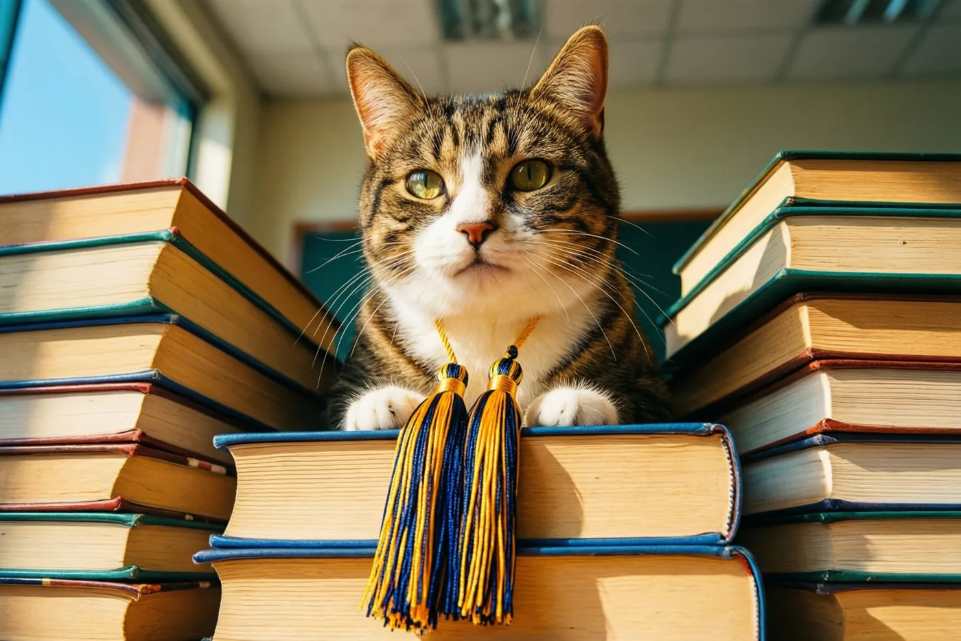 Een gestreepte kat met groene ogen zit op boeken bij een raam en kijkt naar de camera, met een blauw en goudkleurig afstudeerkwastje voor zich.