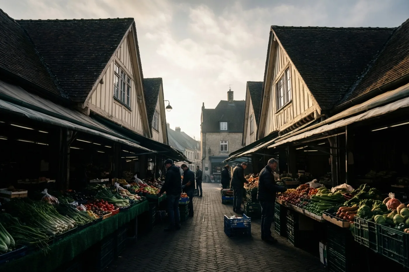 In een smal dorpssteegje met kasseien staan groentekramen onder luifels tussen gebouwen met trapgevels in zacht ochtendlicht.