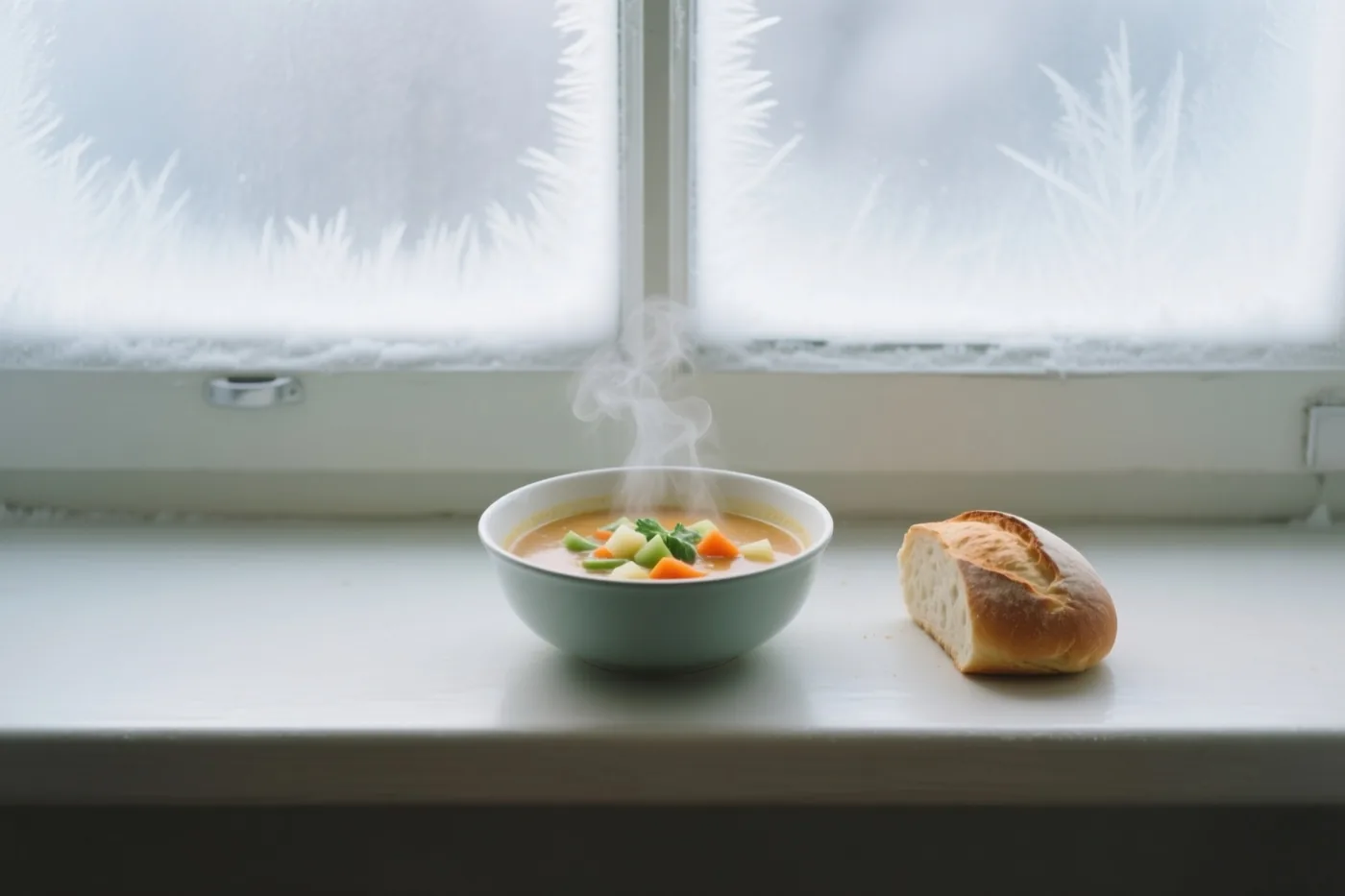 Een dampende kom groentesoep met een snee brood staat op een vensterbank voor een berijpt raam in helder, koel licht.