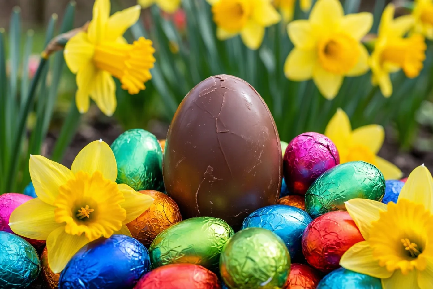 Een groot chocolade-ei en kleinere eitjes in gekleurde folie liggen tussen felgele narcissen in een tuin.