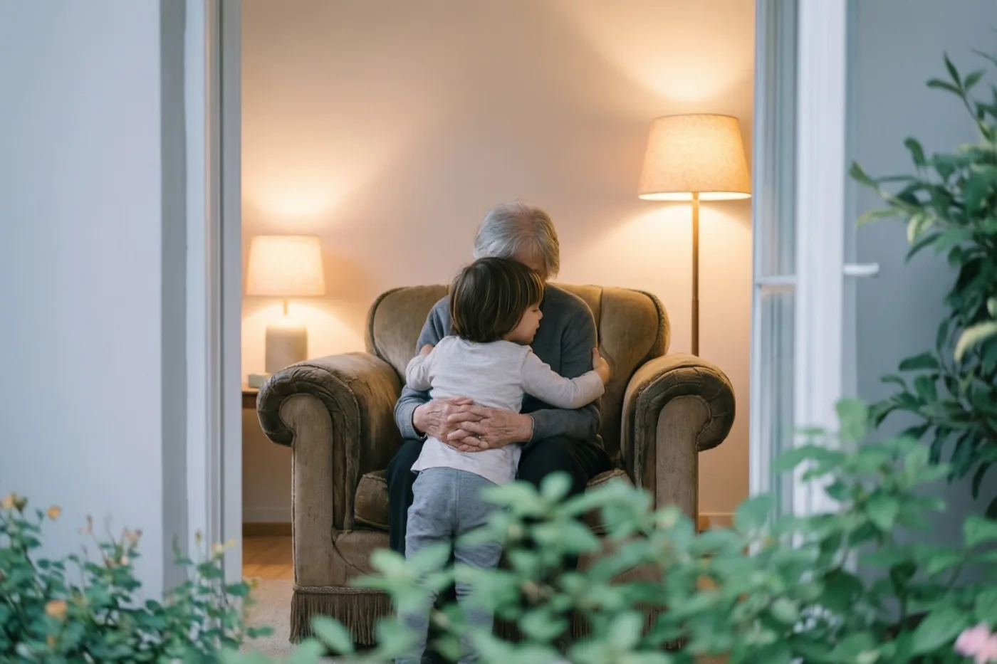 Een klein kind zit van achteren gezien tegen een grootouder aan in een grote fauteuil bij warm lamplicht, in een interieur met zachte beige, grijze en groene tinten.