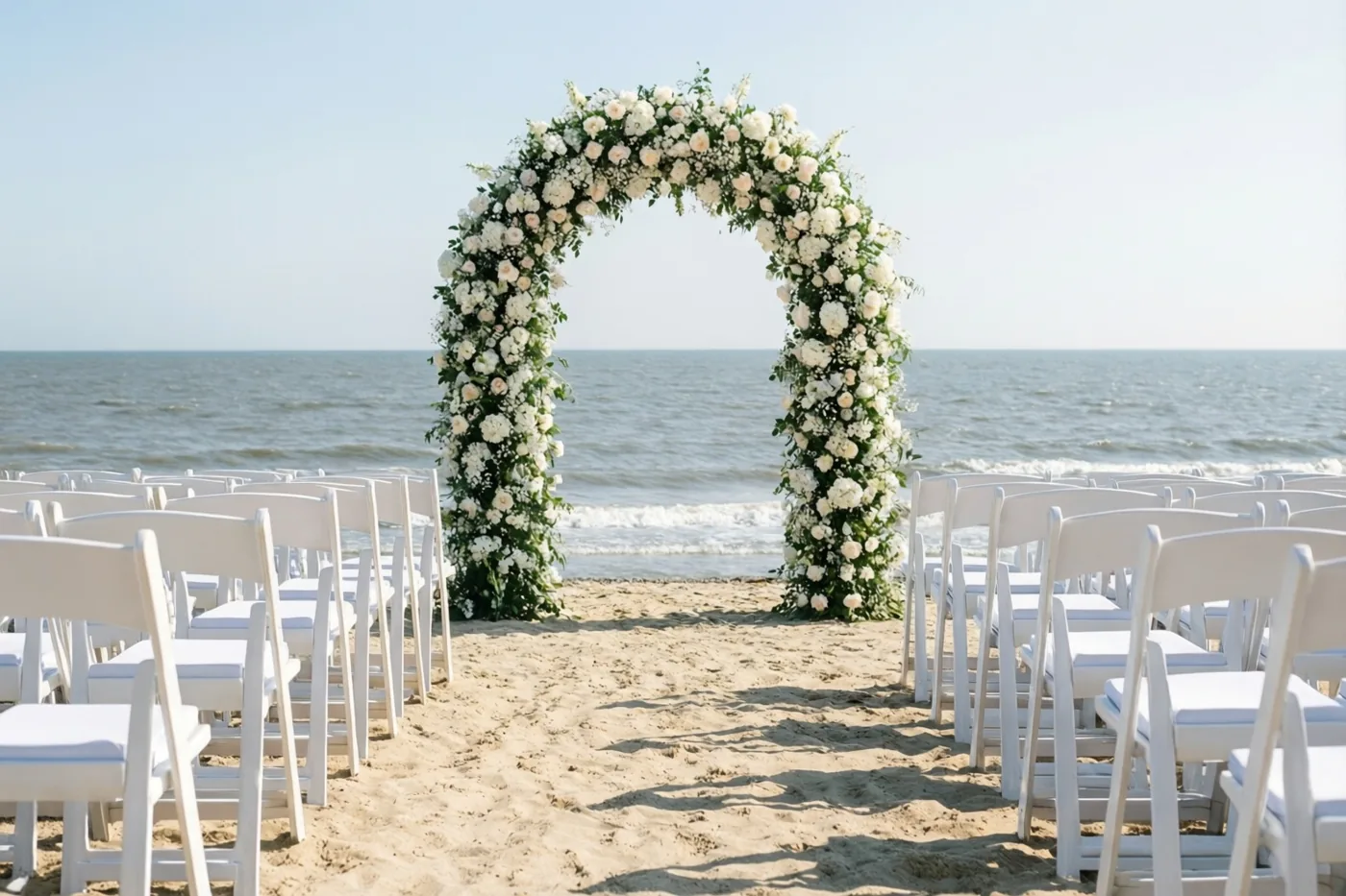 Rijen witte stoelen staan op een zandstrand tegenover een grote boog met witte en lichtroze bloemen, met de grijsblauwe zee onder een heldere hemel op de achtergrond.
