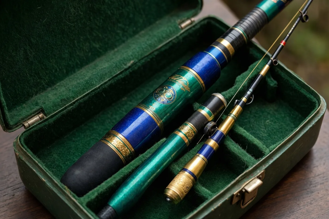 Een oude groene viskoffer met pluchen voering bevat een grote en een kleine sierlijke hengel met blauwe en groene delen en goudkleurige afwerking op een houten ondergrond.