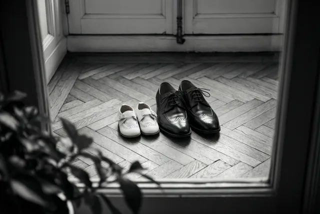 Een zwart-witfoto toont kleine witte babyschoentjes naast gepolijste herenveterschoenen op een visgraatvloer, gezien door een deur- of raamkozijn met wazig gebladerte op de voorgrond.