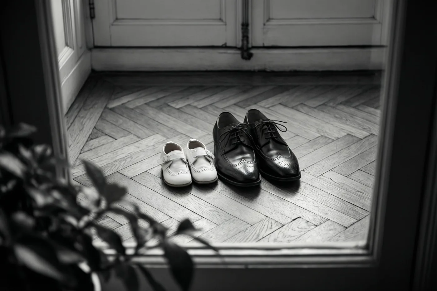 Een zwart-witfoto toont kleine witte babyschoentjes naast gepolijste herenveterschoenen op een visgraatvloer, gezien door een deur- of raamkozijn met wazig gebladerte op de voorgrond.