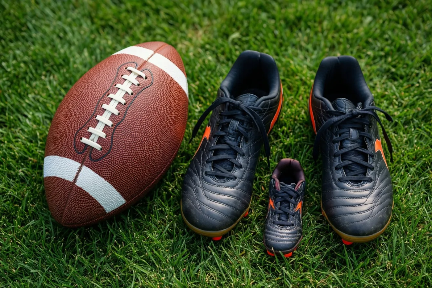Een bruine Americanfootballbal met witte strepen ligt op groen gras naast een groot en een klein paar zwarte sportschoenen met oranje accenten.