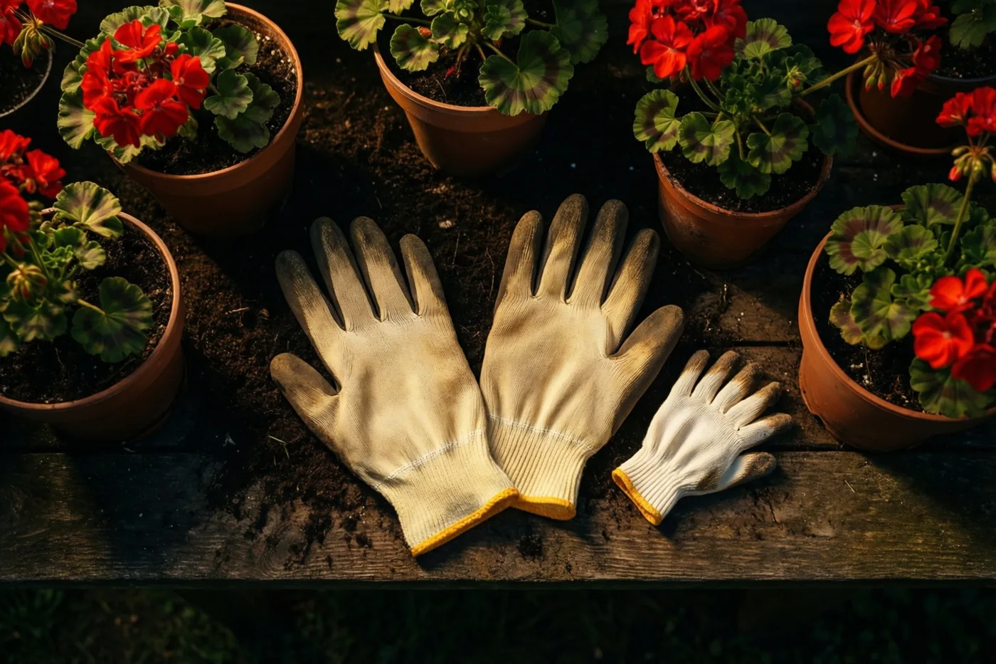 Een groot paar versleten tuinhandschoenen en een klein kinderpaar liggen op een houten oppottafel tussen potten met rode geraniums in warm, goudkleurig zonlicht.
