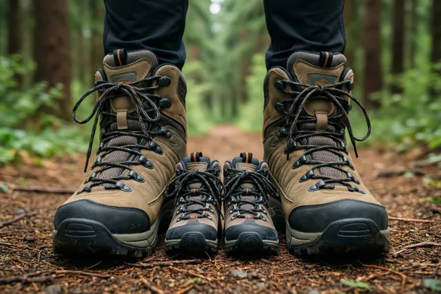 Een groot paar wandelschoenen en een klein kinderpaar staan naast elkaar op een bospad met dennennaalden, omringd door hoge bomen en groen.