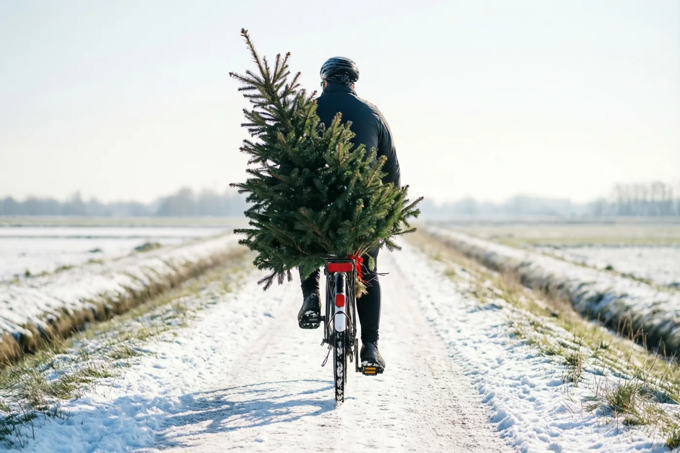 Een fietser rijdt van achteren gezien over een besneeuwd polderpad met een grote kerstboom vastgebonden achter op de fiets, langs witte velden onder een bleke hemel.