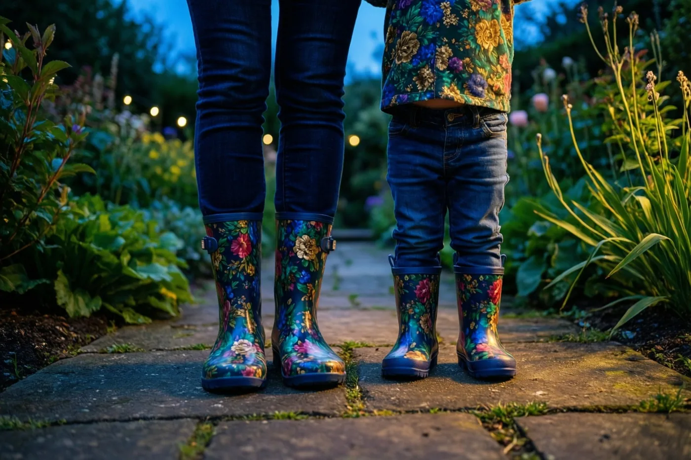 De voeten van een moeder en een peuter staan naast elkaar in bijpassende regenlaarzen met bloemen op een stenen pad in een groene tuin bij schemerlicht.