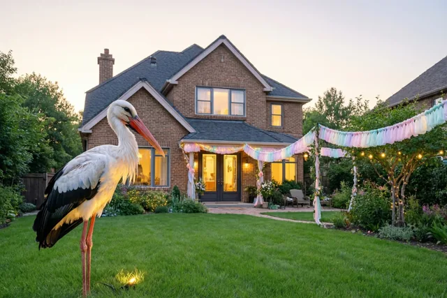 Een grote witte ooievaar met zwarte vleugels staat bij valavond op het groene gazon voor een bakstenen huis met pastelkleurige slingers en lichtslingers.