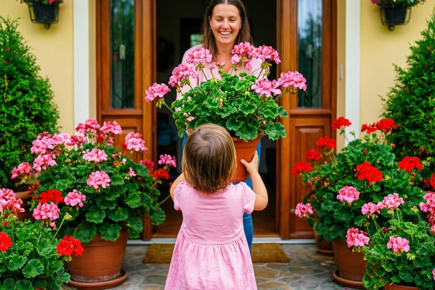 Een kind in een roze jurk houdt op een stenen bordes een grote pot roze geraniums omhoog naar haar glimlachende moeder, met bloempotten, gele muren en houten deuren rondom.