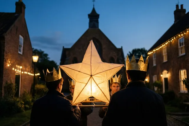 Verschillende mensen met papieren kronen dragen een grote lichtgevende sterlantaarn door een dorpsstraat bij valavond, met een bakstenen kerk op de achtergrond onder een diepblauwe hemel.