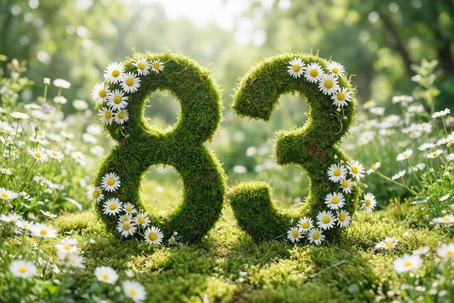Een mossige groene haag vormt het getal 83 en is versierd met witte madeliefjes in een zonnige tuin met onscherp groen en meer madeliefjes.