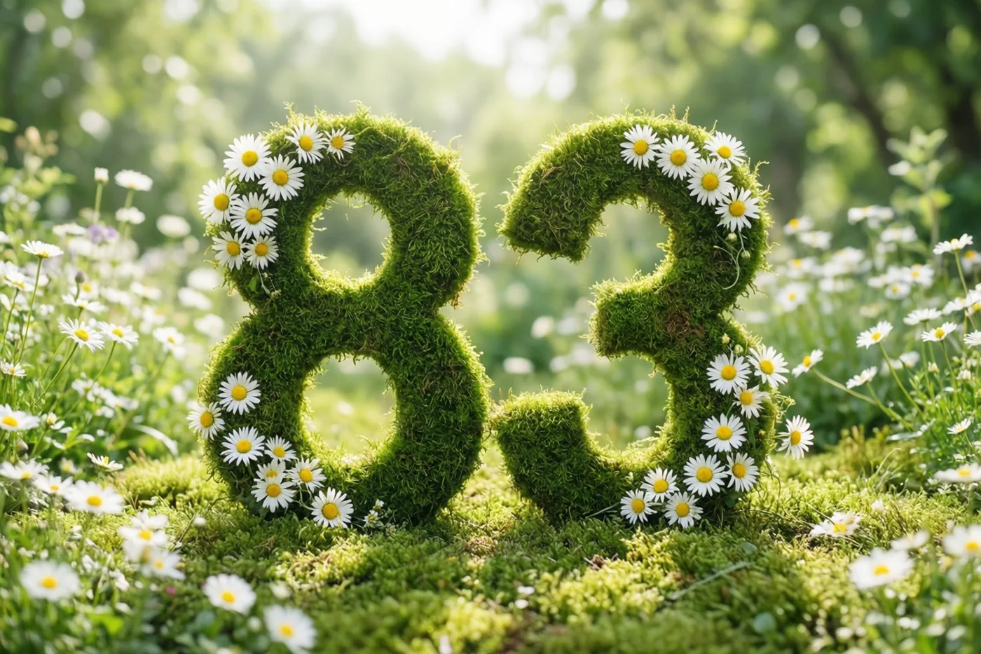 Een mossige groene haag vormt het getal 83 en is versierd met witte madeliefjes in een zonnige tuin met onscherp groen en meer madeliefjes.