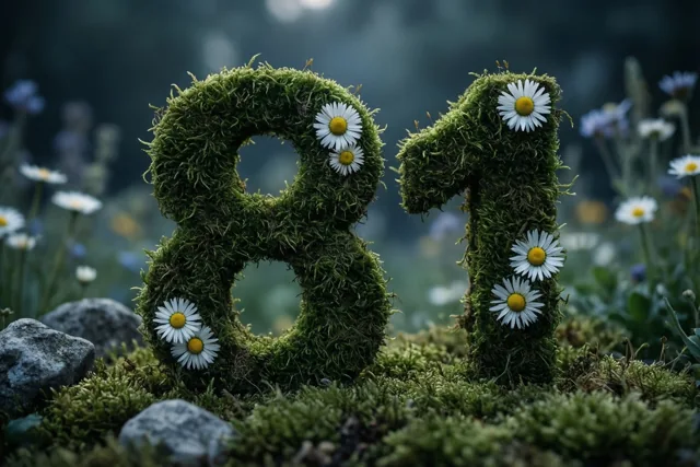 Een mosgroene haag vormt 81 met witte madeliefjes, in een landelijke tuin met onscherpe bloemen en stenen op de achtergrond.