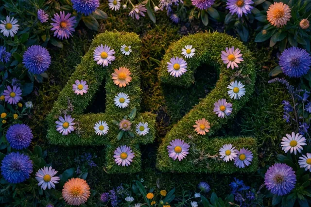 Een mossige groene haag vormt 42 in een landelijke tuin, versierd met paarse, witte en oranje bloemen tegen weelderig groen.