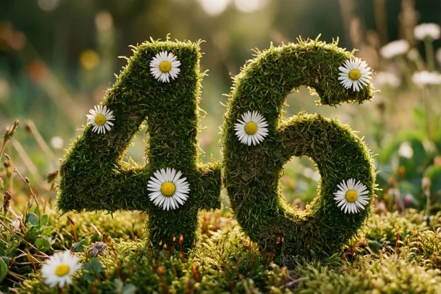 Een groene, mossige haag vormt het getal 46 en is versierd met witte madeliefjes in een landelijke tuin met een onscherpe natuurlijke achtergrond.