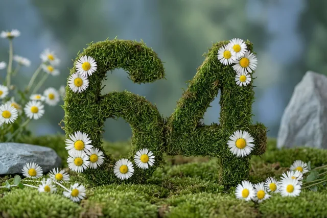 Het getal 64 is gevormd uit een groene, mossige haag met witte madeliefjes in een landelijke tuin met stenen en onscherp gebladerte.