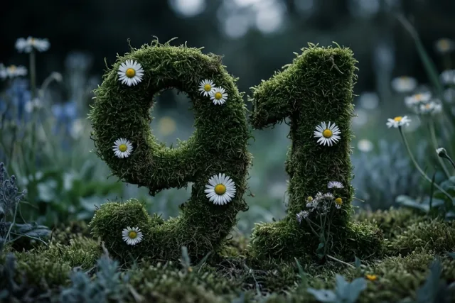 Een groene haag met mos vormt 91 en is versierd met witte madeliefjes, met onscherpe bladeren op de achtergrond van een landelijke tuin.