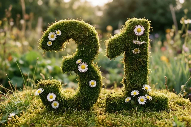Een mossige groene haag vormt 31 met kleine witte madeliefjes in een landelijke tuin met onscherp gebladerte.