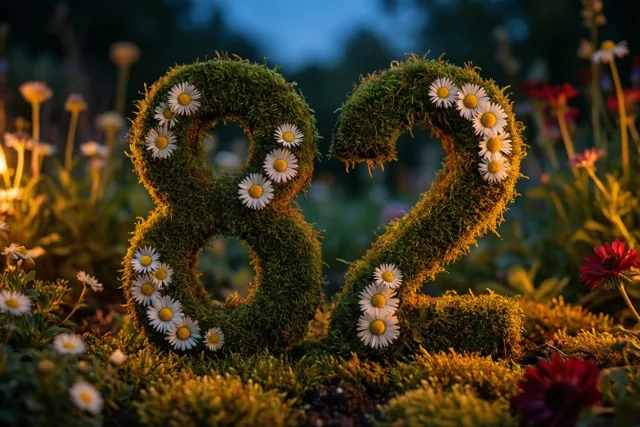 Een mosgroene haag vormt 82 met witte madeliefjes in een landelijke tuin bij schemering, in warm goudkleurig licht tegen een donkerblauwe lucht.