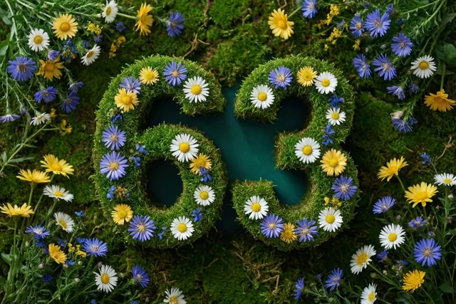 Een mossige groene haag vormt 63 met madeliefjes, met gele, witte en blauwe bloemen tegen een weelderige tuinachtergrond.