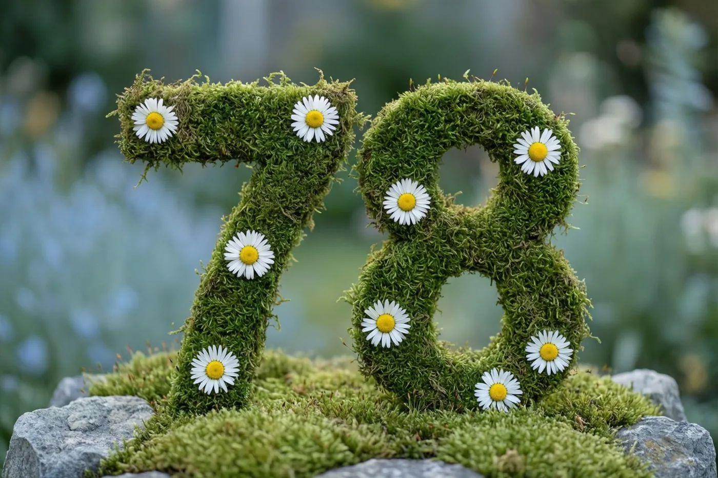 Een mosgroene haag vormt 78 en is versierd met witte madeliefjes in een landelijke tuin met onscherp gebladerte op de achtergrond.